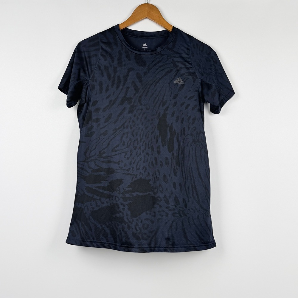 Adidas Running Shirt Mens L Blue Black Animal Print Good Aeroready Tee